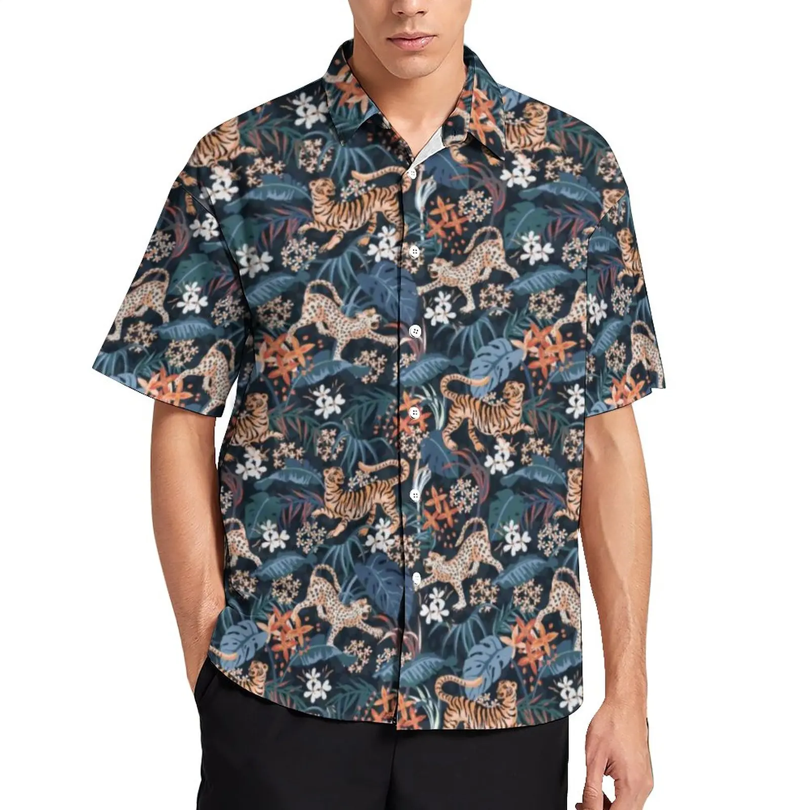

Leopard And Tiger Vacation Shirt Palm Leaf Jungle Animal Hawaiian Casual Shirts Men Fashion Blouses Short-Sleeve Top Plus Size