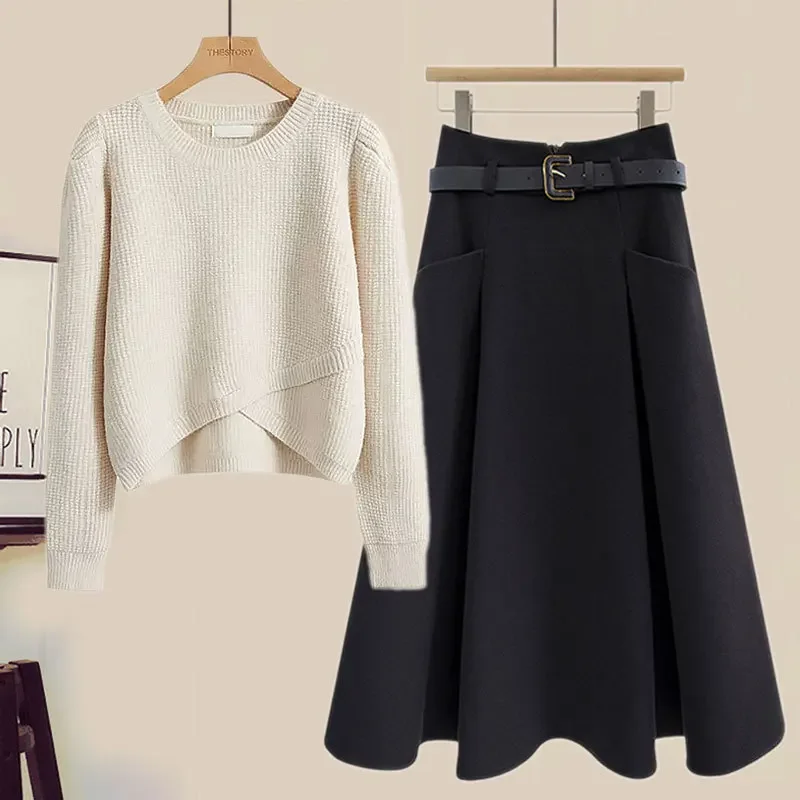 2024 осенний новый свитер топ и юбка комплект из трикотажного модного женского чая