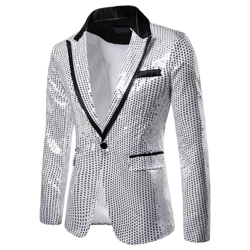 

Fashion Men Sequin Suit Gold / Silver / Black / Red Singer Host Luxurious Prom Party Stage Dress Blazers Jacket Size XXL-S