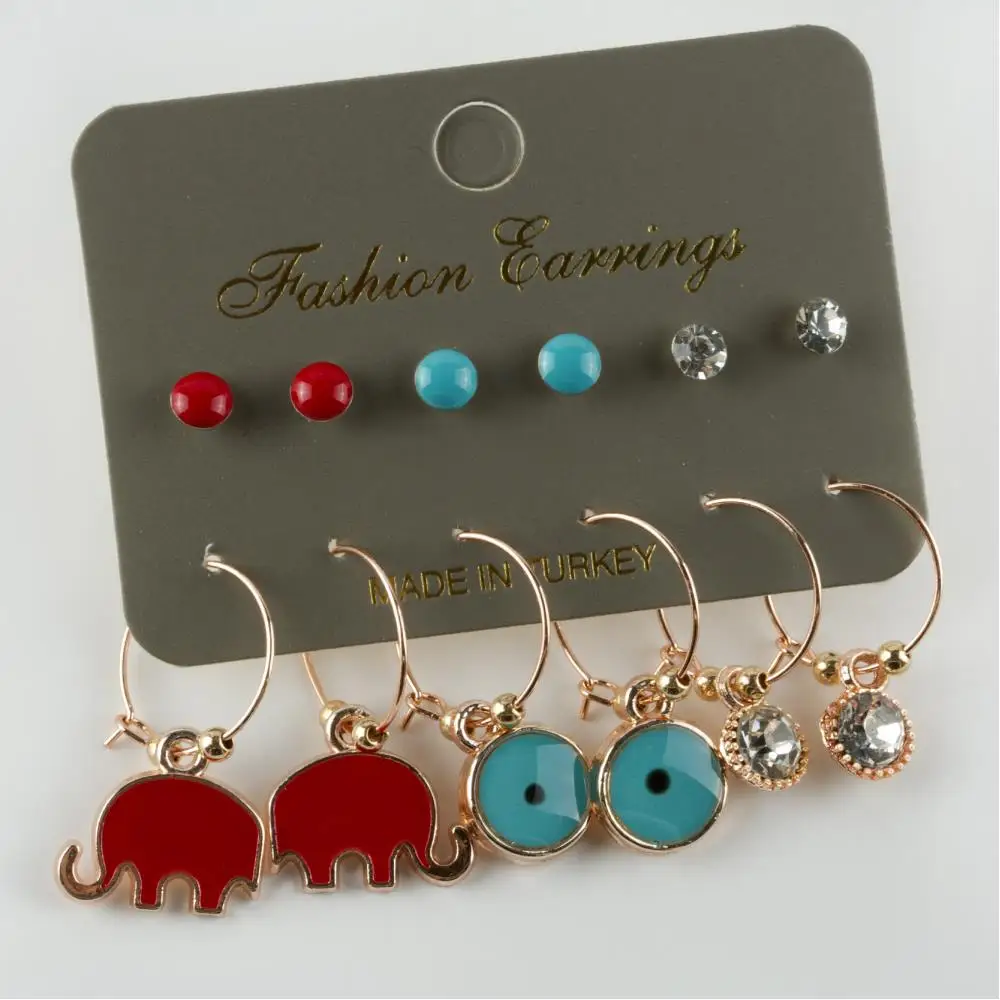 

12'li Elephant Figured Cabochons Ring Earrings