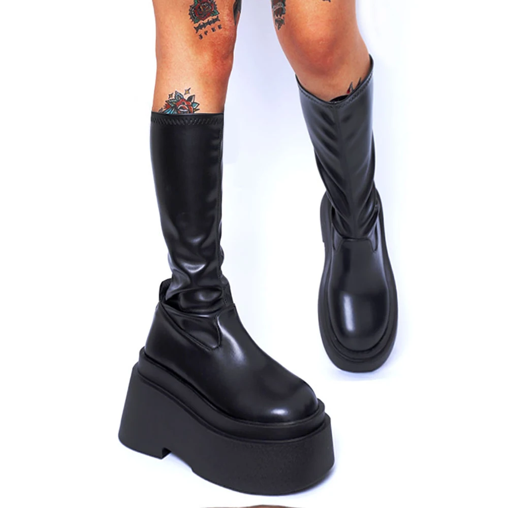 GIGIFOX Platform Chunky Heel Punk Motorcycle Street Knee High Boots Gothic Autumn Winter Slip On Long Boots Shoes Big Size 43