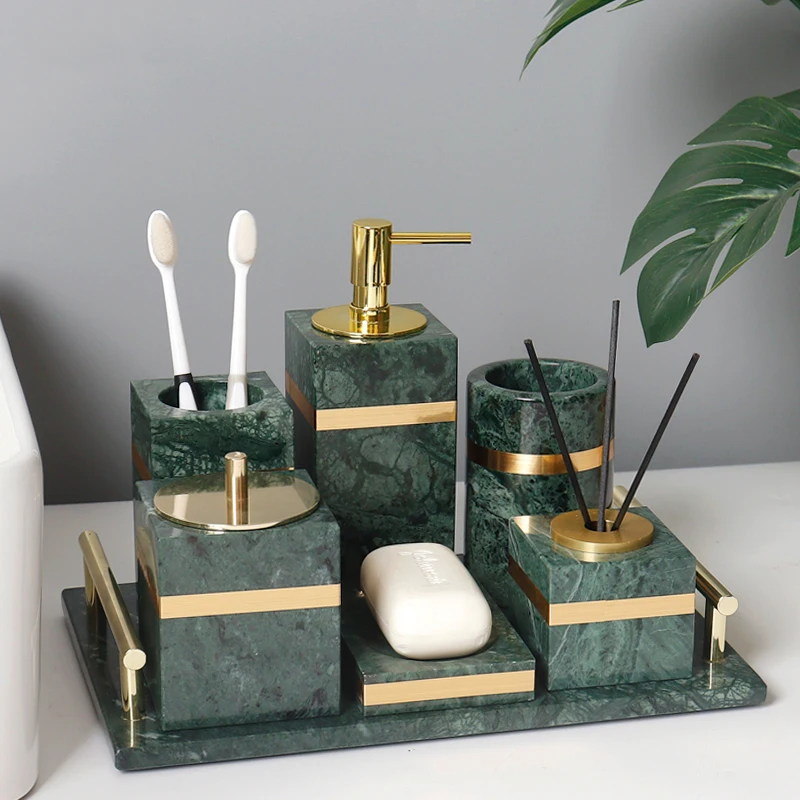 

Indian Green Natural Marble Bathrrom Set Luxury Golden Toothbrush Holder Soap Dish Soap Dispenser Bathroom Accessories