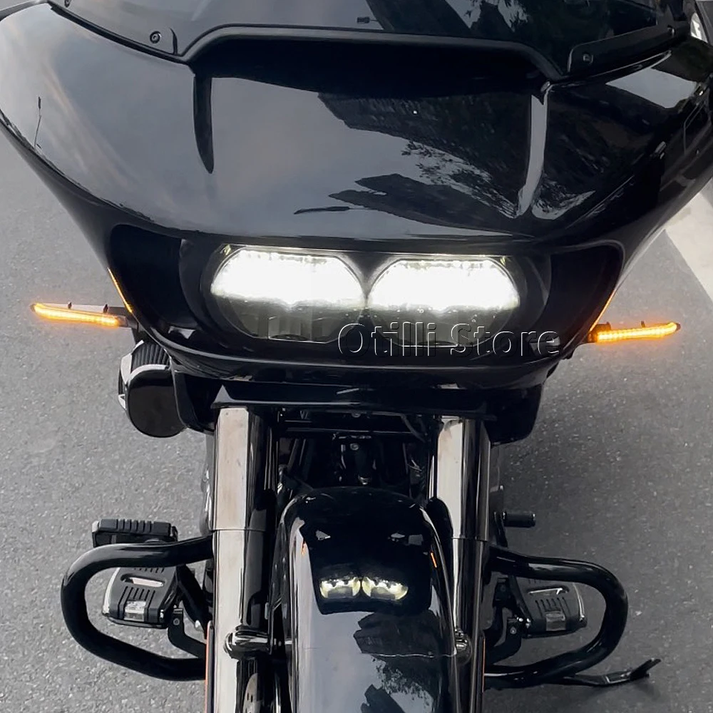 Фото Новинка для Road Glide FLTRX FLTRK FLTRU 2015-2023, боковые светодиодные указатели поворота мотоцикла, струящиеся огни, двойные мигающие лампы, черные №4