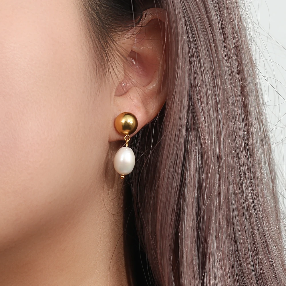 

Elegant Freshwater Pearl Drop Earrings for Women Elegant Stainless Steel 18K Gold Plated Pierced Earrings Wedding Jewelry