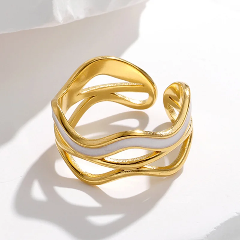 

HIYEE Irregular Dripping Stainless Steel Ring Niche Simple Wavy Opening Ring Does Not Fade Index Finger Ring