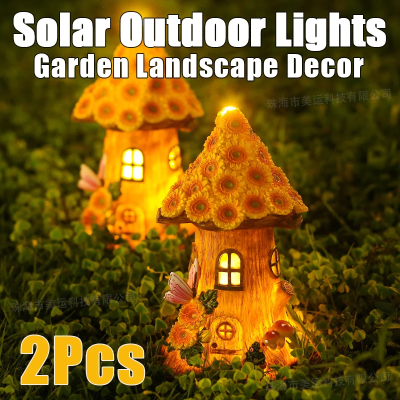 

2Pcs LED Craft Miniature House Garden Solar Powered Lights Outdoors Fairy Walkway Sun Flower Resin Cottage Christmas Lamps Decor