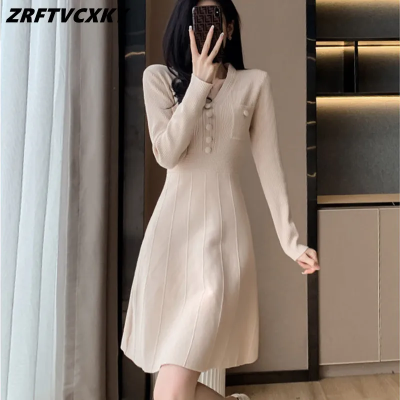 Elegant V Neck Long Sleeve Single Breasted Knit Dress For Women One Piece High Waist Slim Mini Sweater Dress Vestidos Feminino