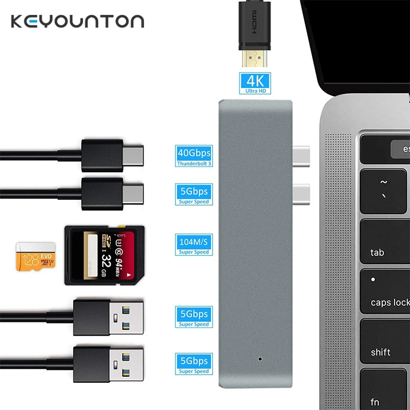 Фото USB-хаб USB-C Duo 7-в-2 для MacBook Pro Air, HDMI-совместимый, 4K60Hz HDR HDTV, 100W PD, 40Gbps USB 3.1, устройство для чтения карт Micro SD/SD №1