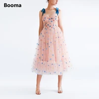 booma pink starry tulle midi prom dresses 2022 sweetheart tied straps party gowns tea length a line formal evening dresses