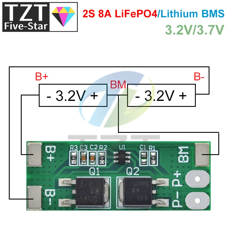 Фото TZT BMS 2S 3,2 В 3,7 В 8A LiFePO4/плата защиты от заряда литиевой батареи 15 А пиковый ток 6,4 В 7,2 В 18650 32650 аккумуляторные блоки №4