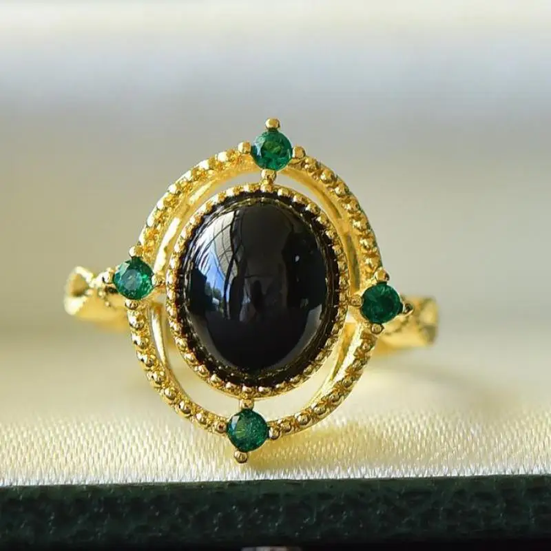 

Кольцо женское из натурального черного нефрита, регулируемое Ювелирное Украшение с зеленым цирконием, нефрит, нефрит, аксессуары