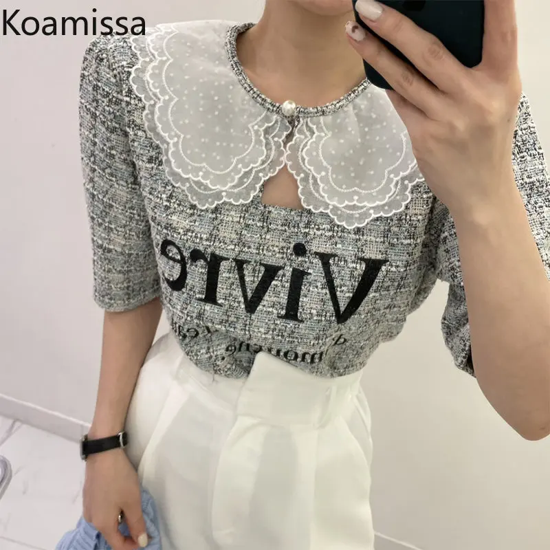 

Женская винтажная блузка с коротким рукавом Koamissa, модная облегающая летняя блузка с буквенным принтом, шикарные корейские Топы