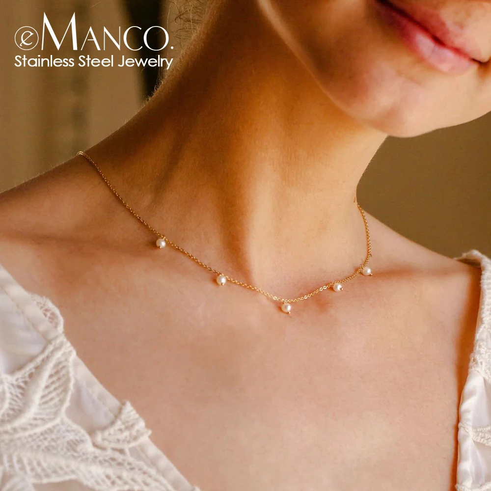 eManco Stainless Steel Tassel Imitated Pearl Choker Necklaces For Woman Girls New Fashion Handmade Short Chain Jewelry