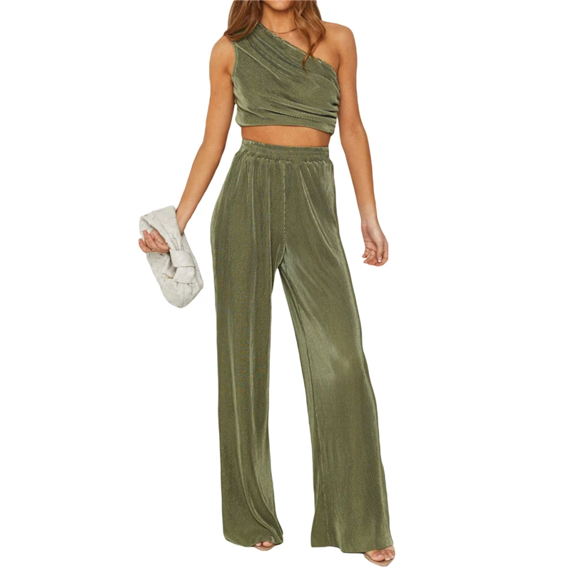 

Женский однотонный костюм на одно плечо, майка без рукавов, эластичные длинные брюки с высокой талией и широкими штанинами, комплект одежды y2k на лето