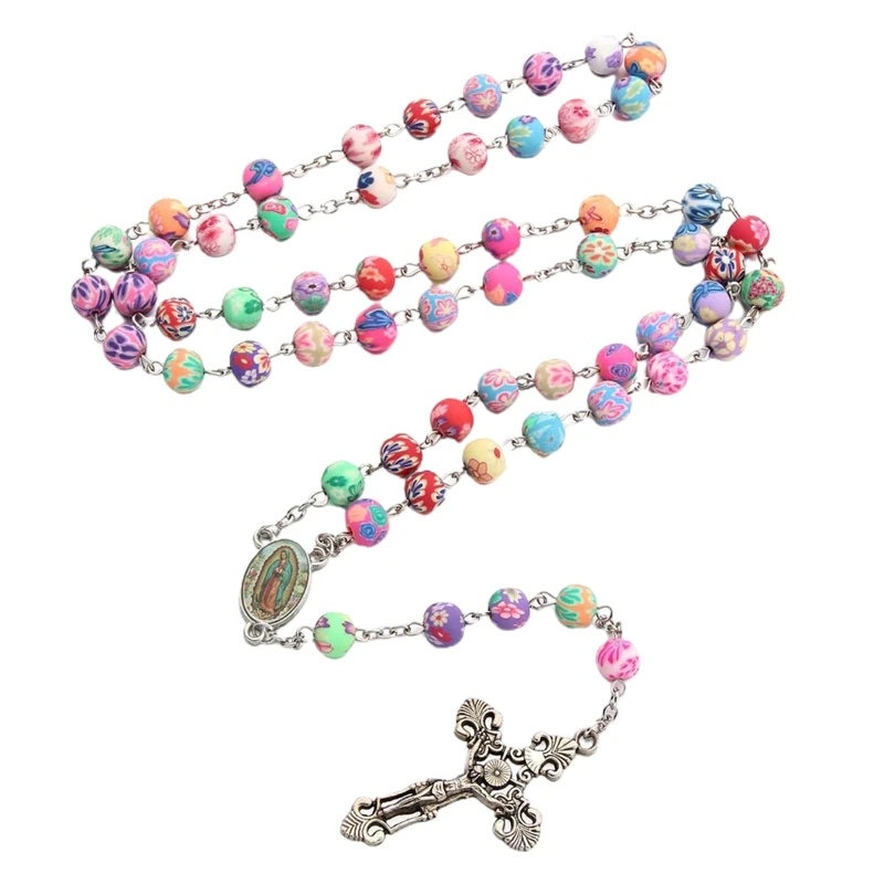 

Colorful Soft Pottry Cross Rosary Necklace 16cm Long Bead Chain Pendant