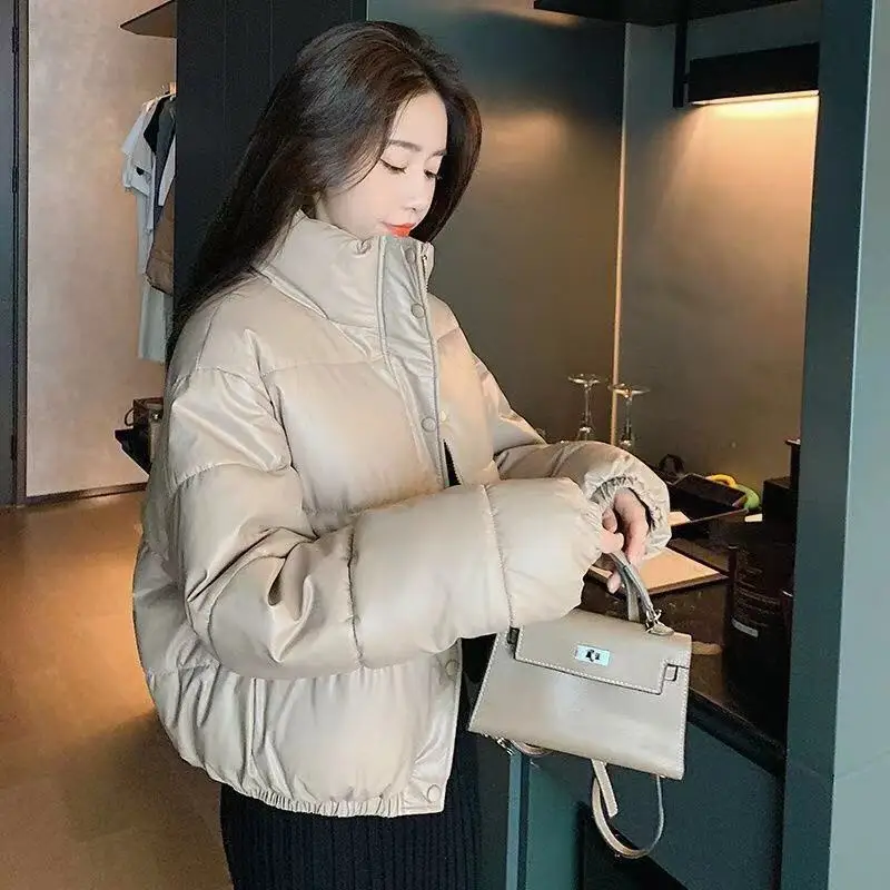 Fashion PU Leather Coat Women's Elegant Cotton Coat Streetwear Korean Faux Leather Leather Parka Coat Big Lapel Short Bread Coat