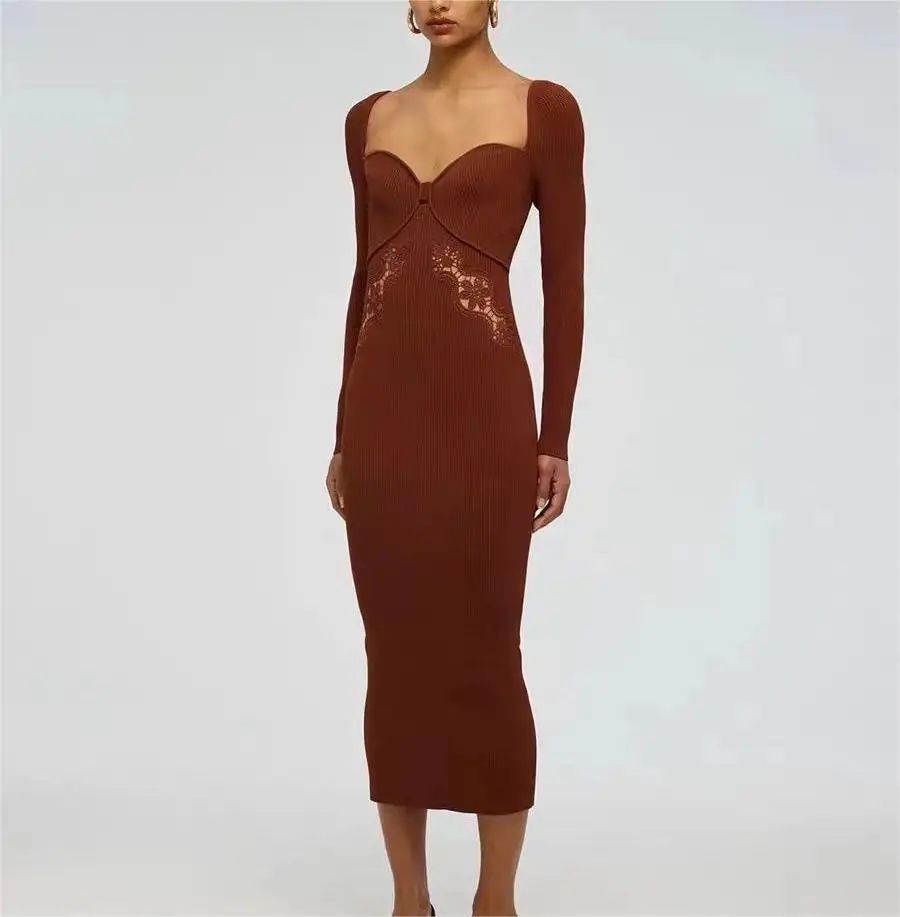

High Quality Fashion Runway Designer Women Square Collar Lace Embroidery Stitching Long Sleeve Party Midi Dress