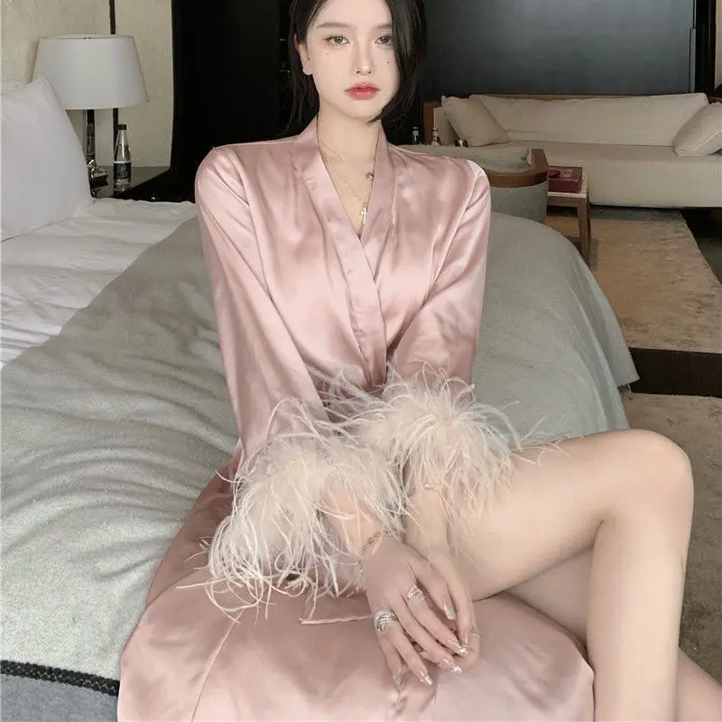 QWEEK Sexy Pajamas with Feathers Sleepwear Bathrobe Female Women's Long Robe Summer Nightgowns Pink Designer Clothes Luxury