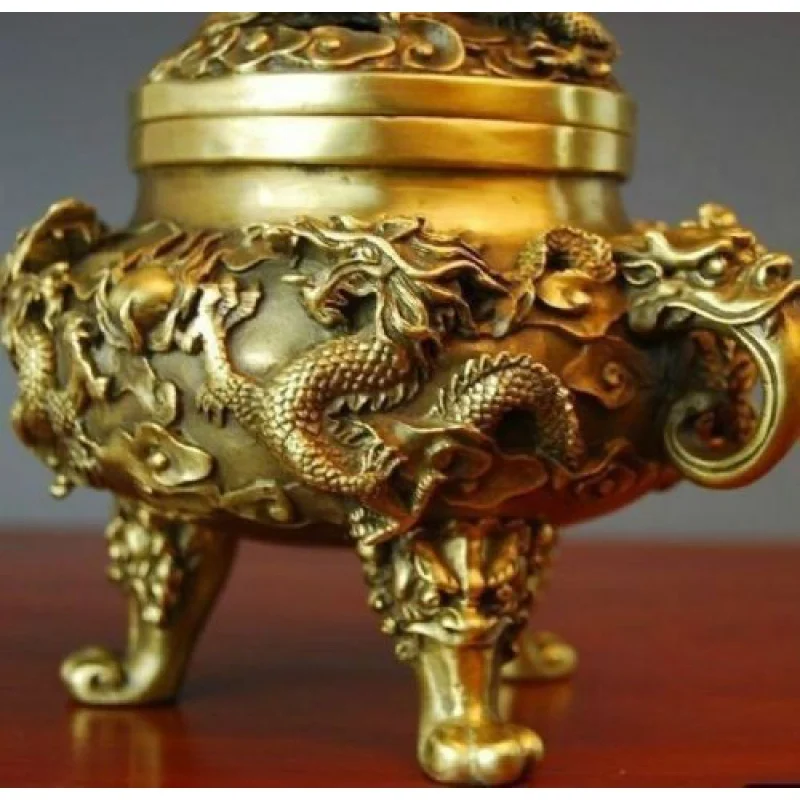 

Fine Antique handwork bronze 9 dragon inlaid tripod Incense Burner "Ding" Censer