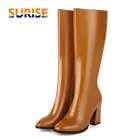 Зимние женские сапоги до колена; Цвет черный, красный; Качественные сапоги из искусственной кожи с круглым носком на квадратном каблуке; Клубные вечерние сапоги с высоким голенищем на молнии для деловой женщины; Большие размеры