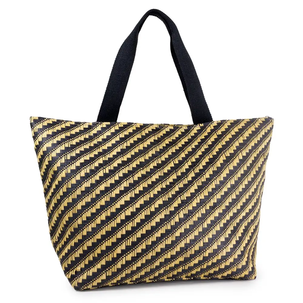 Women`s Two Tone Straw Beach Tote Bag with Flat Handle