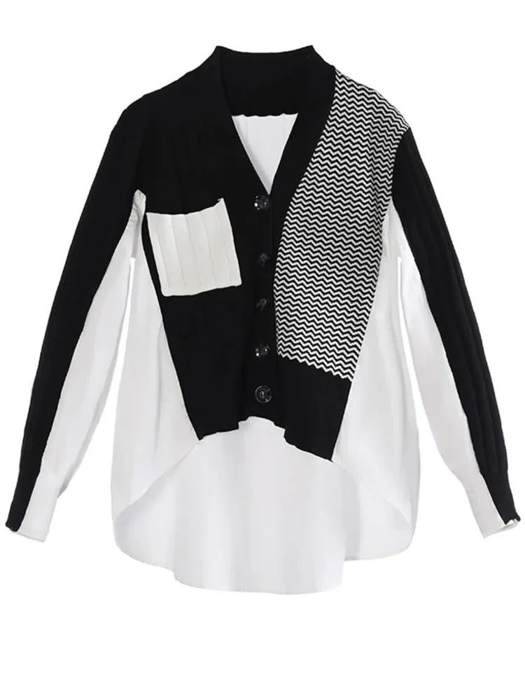 

NICEWOMEN Women White Knitting Color-block Big Size Blouse New Lapel Long Sleeve Shirt Fashion Tide Spring Autumn 2023 1DH2296