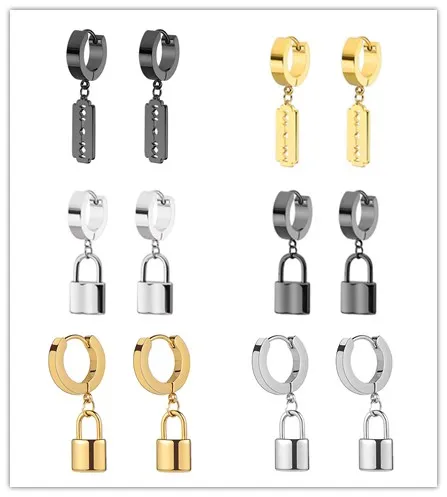 

1pair Fashion Punk Stainless Steel Lock/Razor Blade Earrings Padlock Pendant Hip Hop Style Dangle Loop Drop Earring Jewelry Gift