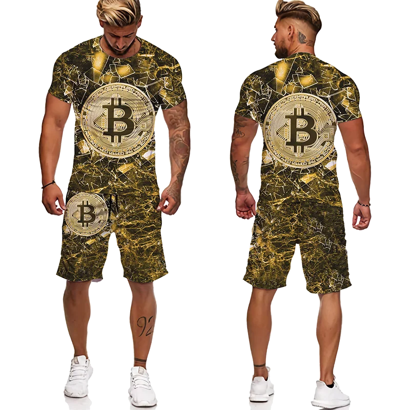 Summer Bitcoin Series Tracksuit Crew Neck Sets 3D Digital Printing T-shirt Men's Punk Trendy Breathable Shorts Camping Wild Suit