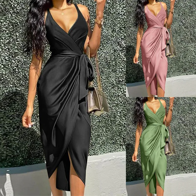 

2023 new women's dress solid color sexy suspenders slim waistband irregular dress