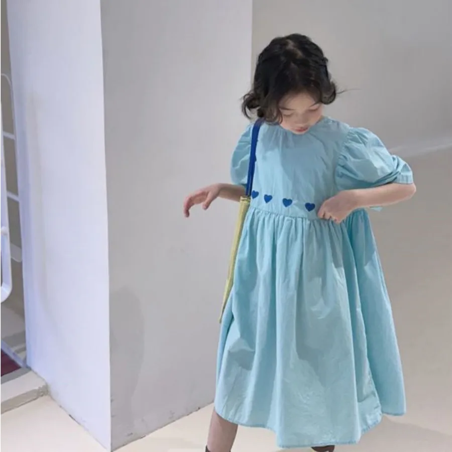 

Summer Blue Heart Big Girls Dress Lolita Child Girls Casual Midi Dress Children Dresses For Teens Party Princess Sundress