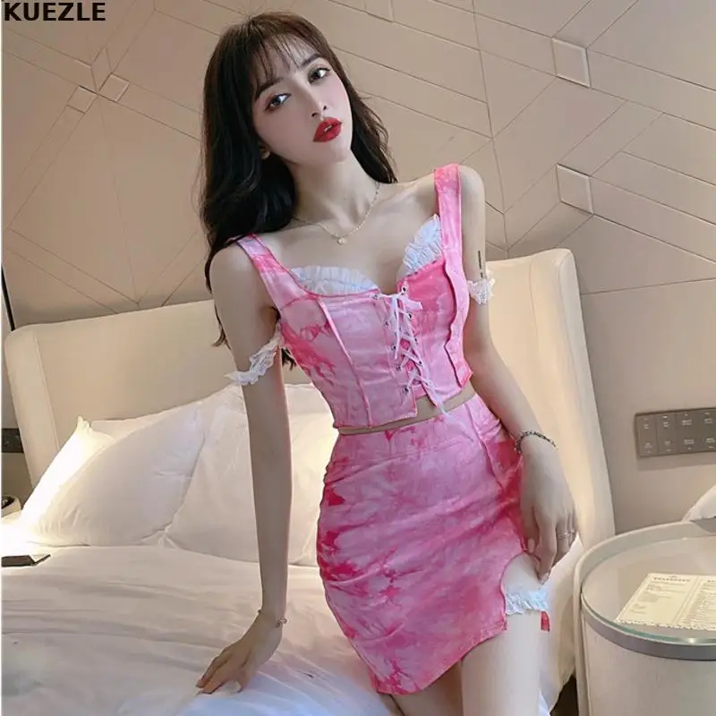 

Vestidos Sexy Sweet Club Two Piece Set Women Summer Lace Tie Dye Crop Top Mini Bodycon Skirt Dress Set Casual Ensemble 2 Pieces
