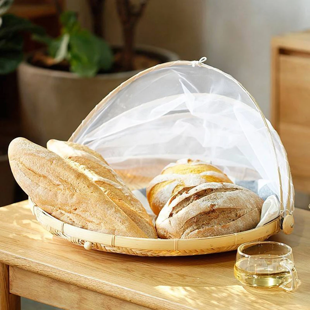 

Bamboo Woven Basket Anti-mosquito Net Fruit And Vegetable Basket Dustpan Dust-proof Net Cover Drying Basket Food Picnic Basket