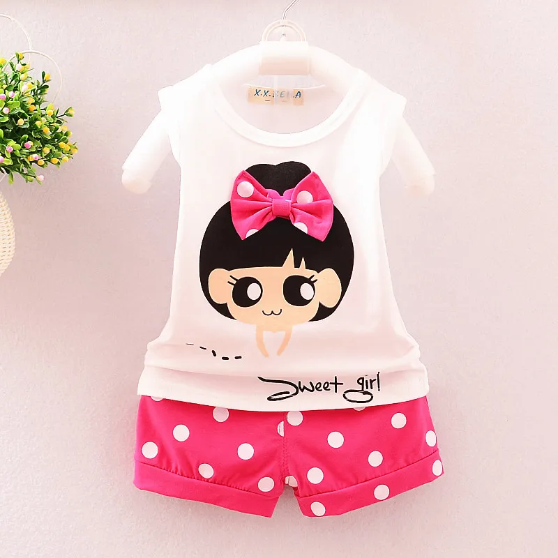 

Girls Summer Clothes New Korean Western-style Two Piece Set Little Girl Cartoon Sleeveless Vest And Dot Shorts 2pcs Kids Bebes