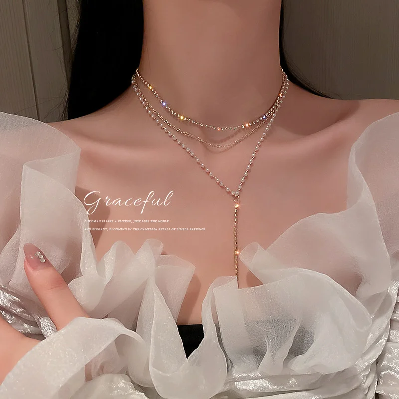 

Light luxury temperament multi layer diamond Y-shaped pearl necklace women's niche design clavicle chain neck accessories new