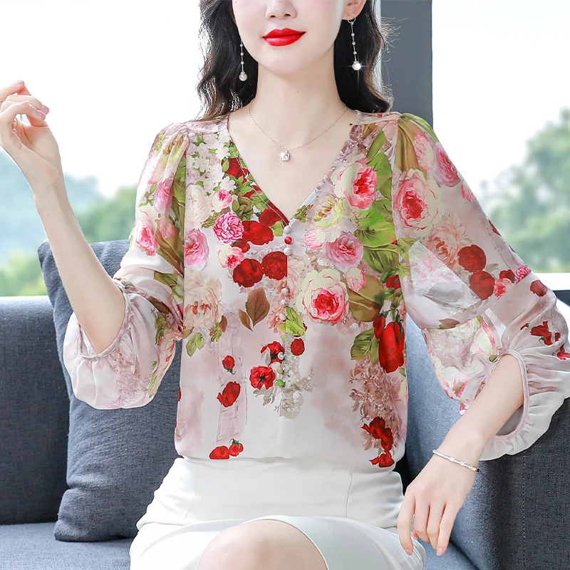 

Elegant Women Chiffon Blouse Spring Summer 3/4 Lantern Sleeve Casual Tops V-Neck Loose Floral Printed Shirt