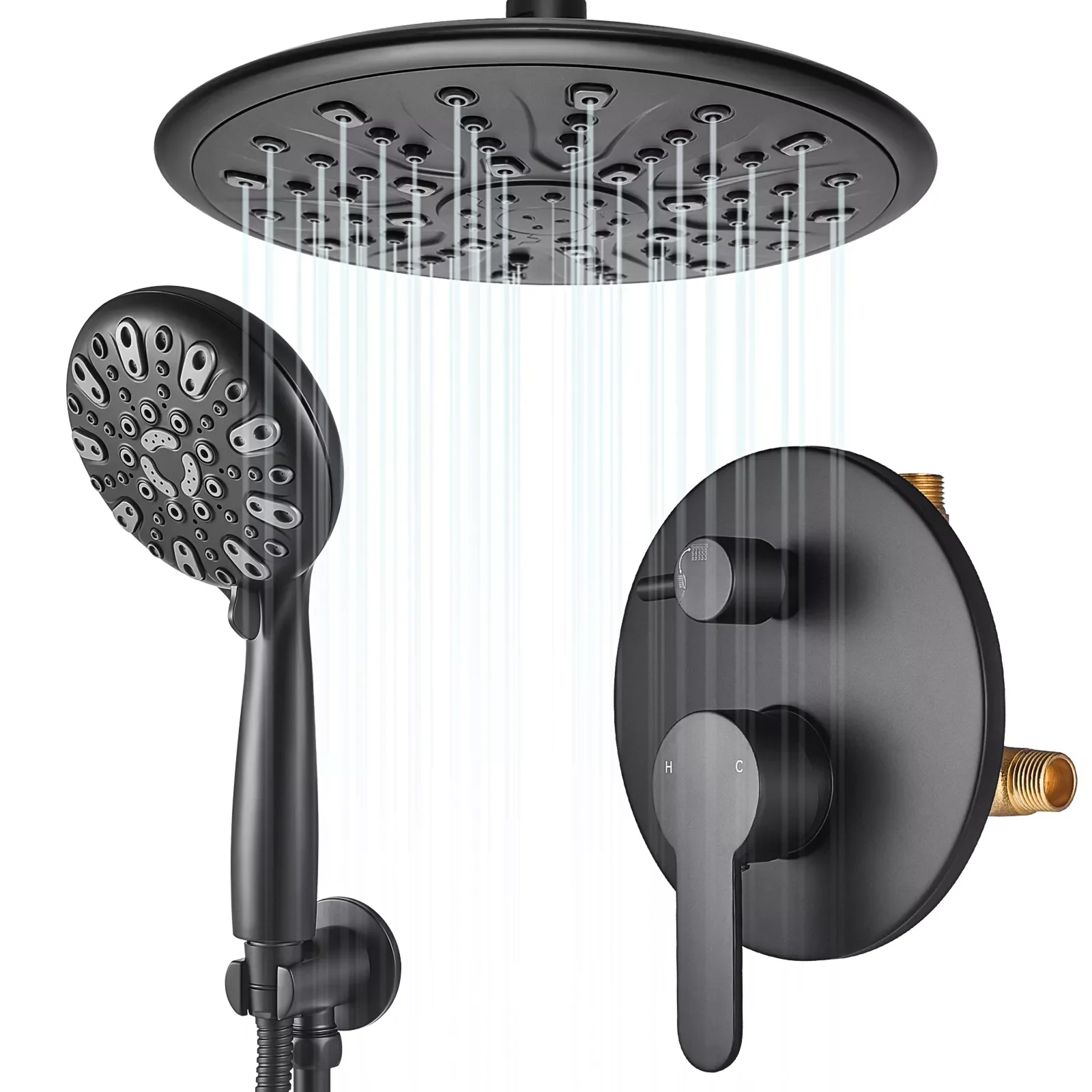 

Bathroom Shower System Sets Round Overhead Shower Head Rainfall Faucet Wall Mounted Bath Black Brush Nickel Shower Syste