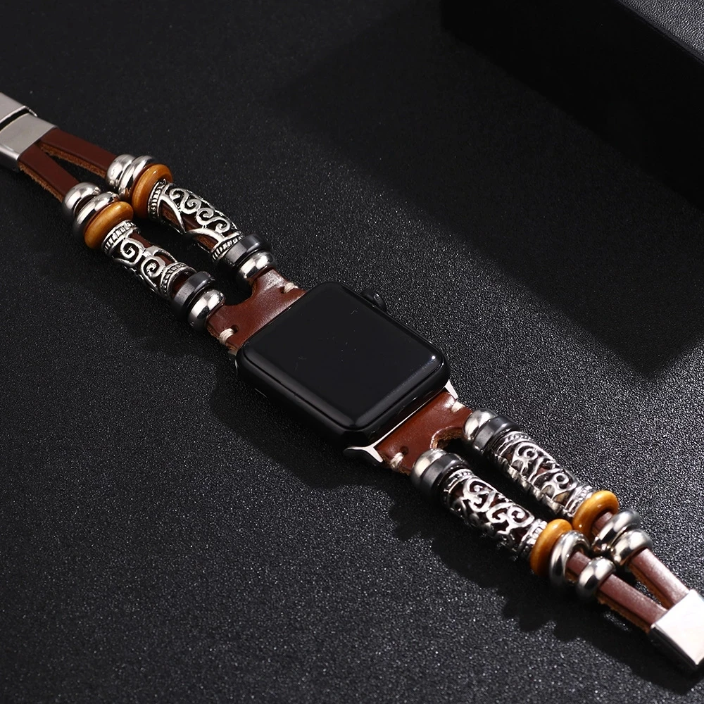 Leather Strap For Apple Watch Band 44mm 40mm 42mm 38mm Watchband Bracelet Retro Handmade Beads Real Leather IWatch 3 4 5 6 7 Se