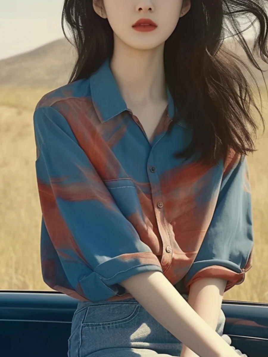 Outlets Discount Store Brand Withdraw from Cupboard French sle Younger Shirt Design Sense Blue Tie-dye Polo Collar Shirts S...