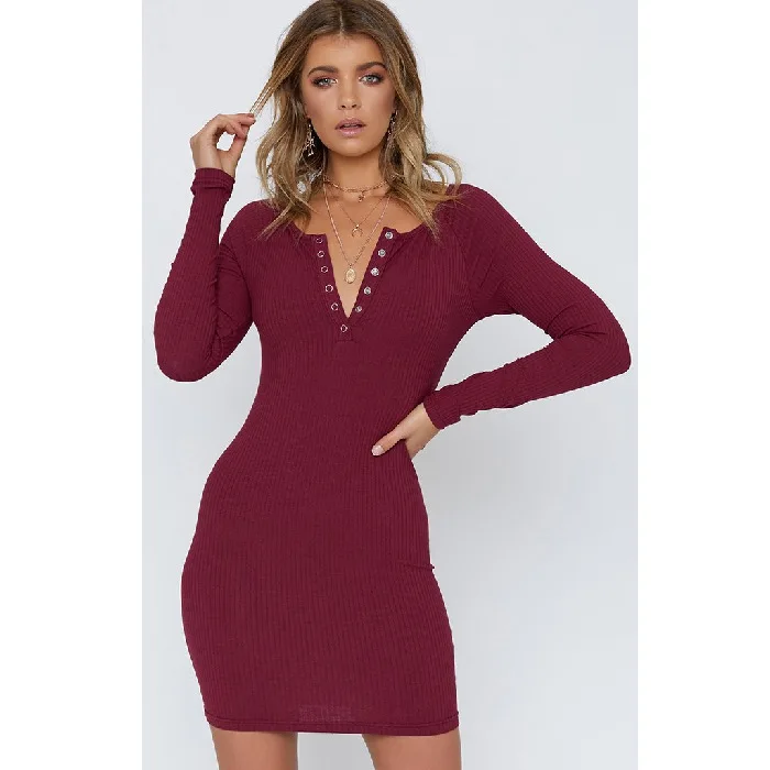 

Autumn Winter Knitwear for Women Pure Mini Sexy Dress Solid Long Sleeve Buttons Bodycon Dress Party Elegant women Dresses