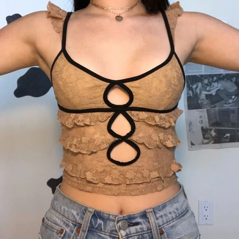 

Y2K Fairycore Vintage Khaki Crop Top Sexy Hollow Out Lace Camisole Women Summer Sleeveless Slim Fit Milkmaid Corset Vest Clothes