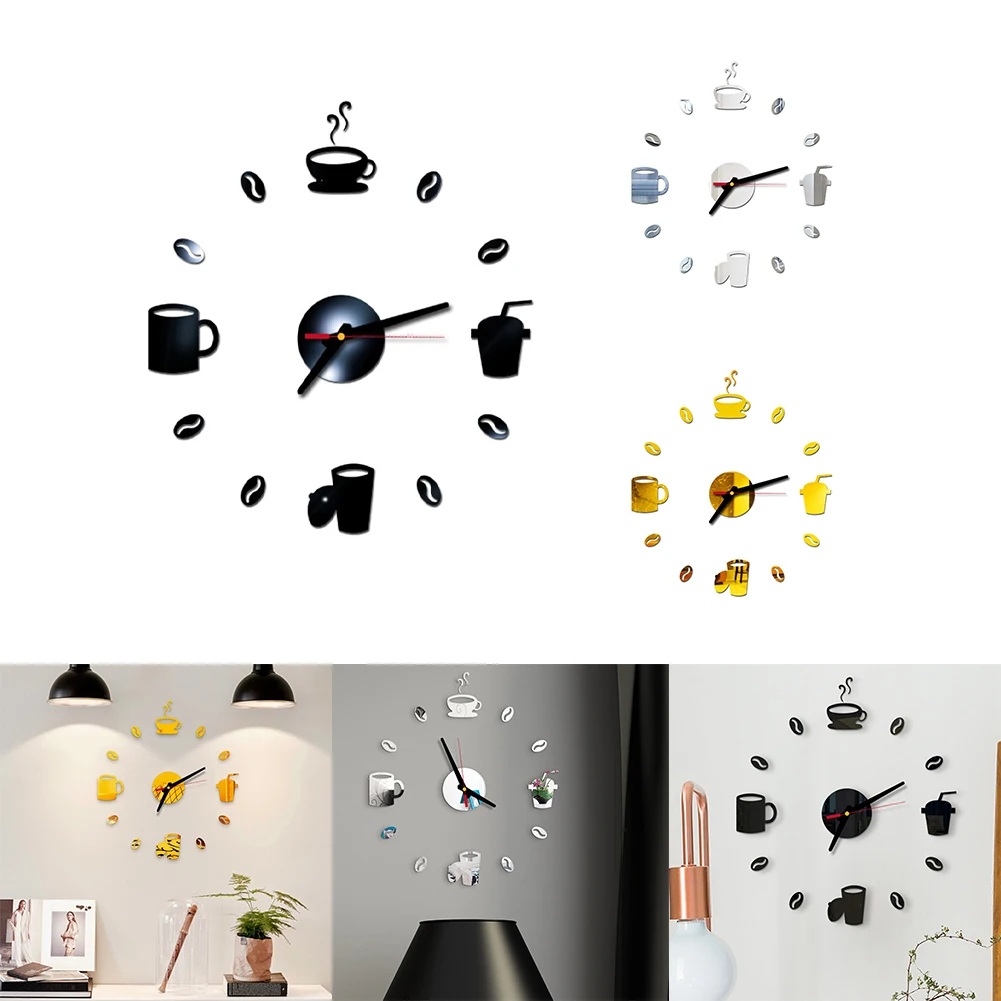 

3D Coffee Cup Teapot Self Adhesive Acrylic Mirror Clock Wall Stickers For Home Living Room Decor Wall Clock Wall Sticker Clock