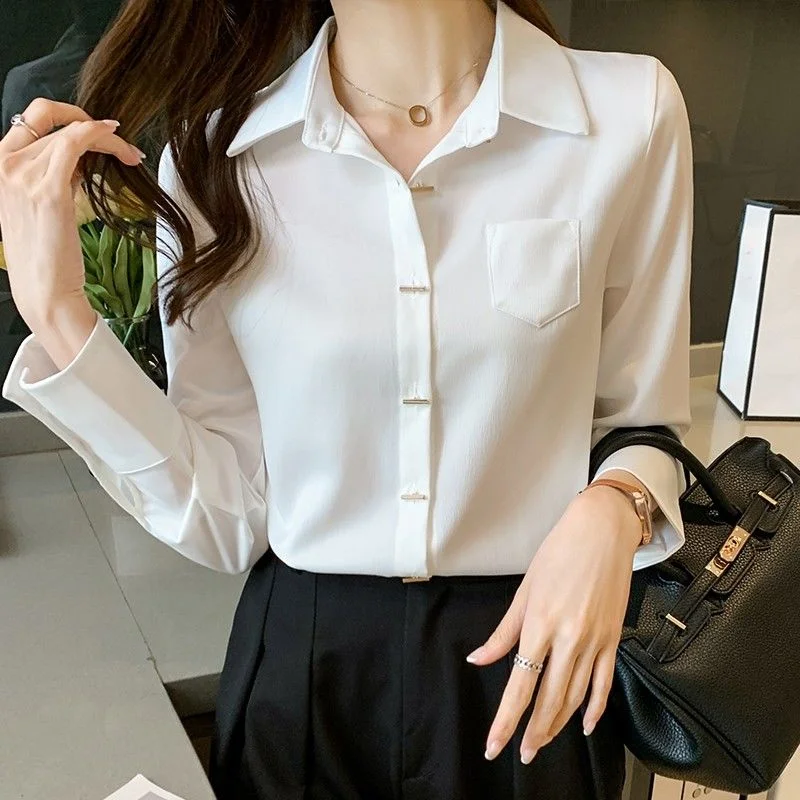Autumn Single-breasted White Shirt Women's Retro Long-Sleeved Shirt Spring Korean Style Office Ladies Shirt Blouse Women