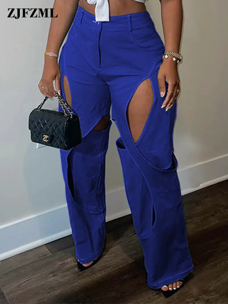 

Blue Green Contrast Color Patchwork Wide Leg Trousers for Women High Waist Button Zipper Closure Hollow Out Straight Leg Pants