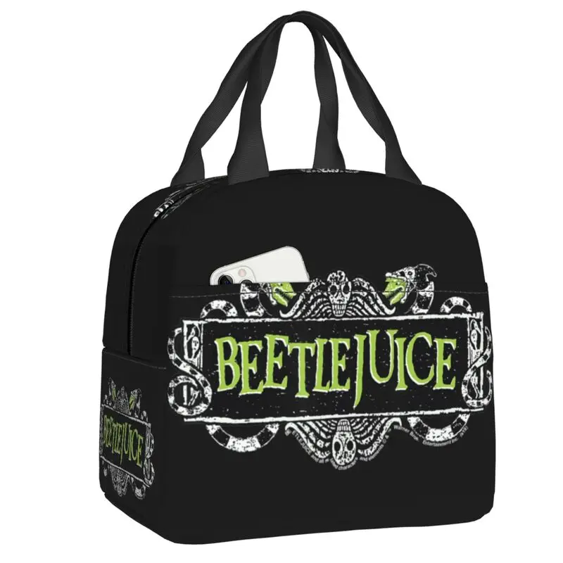 

Изолированная сумка-тоут для ланча от Beetlejuice с зелеными знаками, сумка с логотипом из фильма «Тим Бёртон» для Хэллоуина, портативная Термосу...
