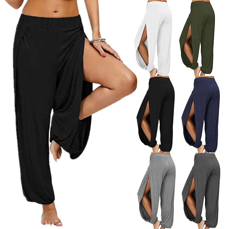 Women Sports Trousers Solid Pants High Slit Harem Pants Wide Leg Summer Casual Yoga S-3XL