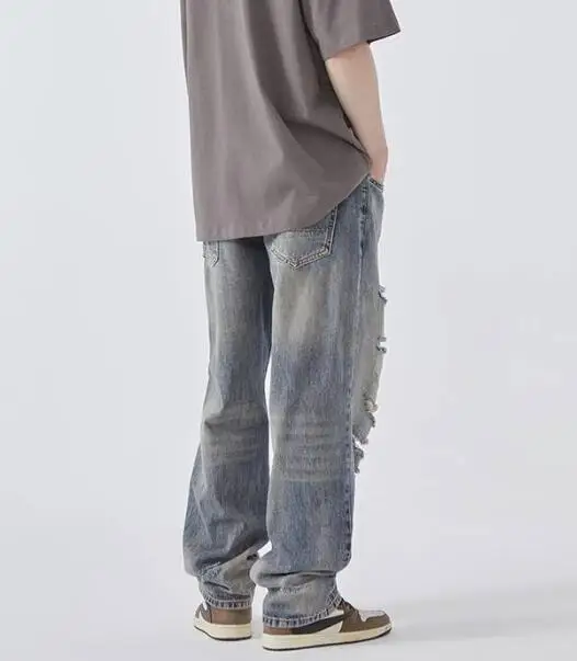 Teenage Jeans Street Retro Men's American Casual Wash Do Old Straight Holes Jeans