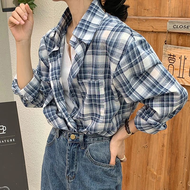 Женские клетчатые рубашки QOERLIN с отложным воротником новинка 2022 однобортная