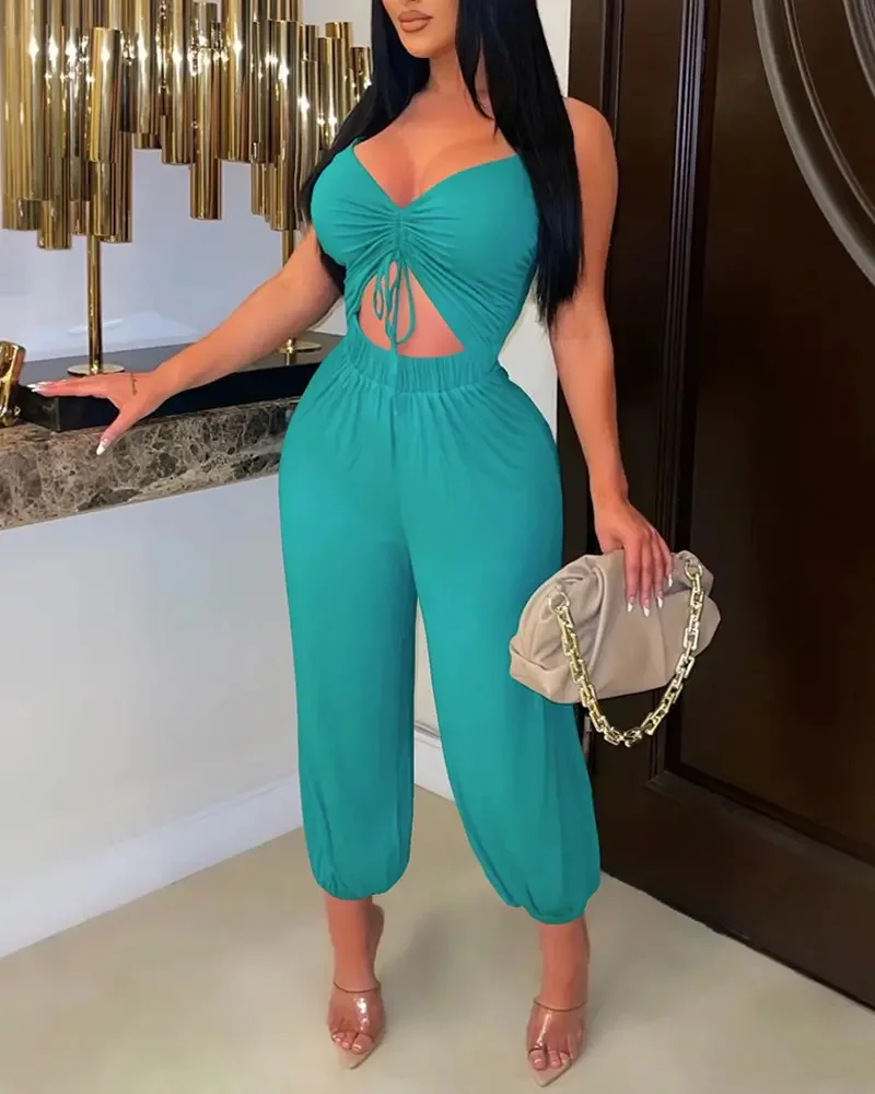 

2022Women Solid Color Sleeveless Jumpsuits Backless Pocket Simple Overalls Sexy Home Loungewear Streetwear Combinaison Femme Été