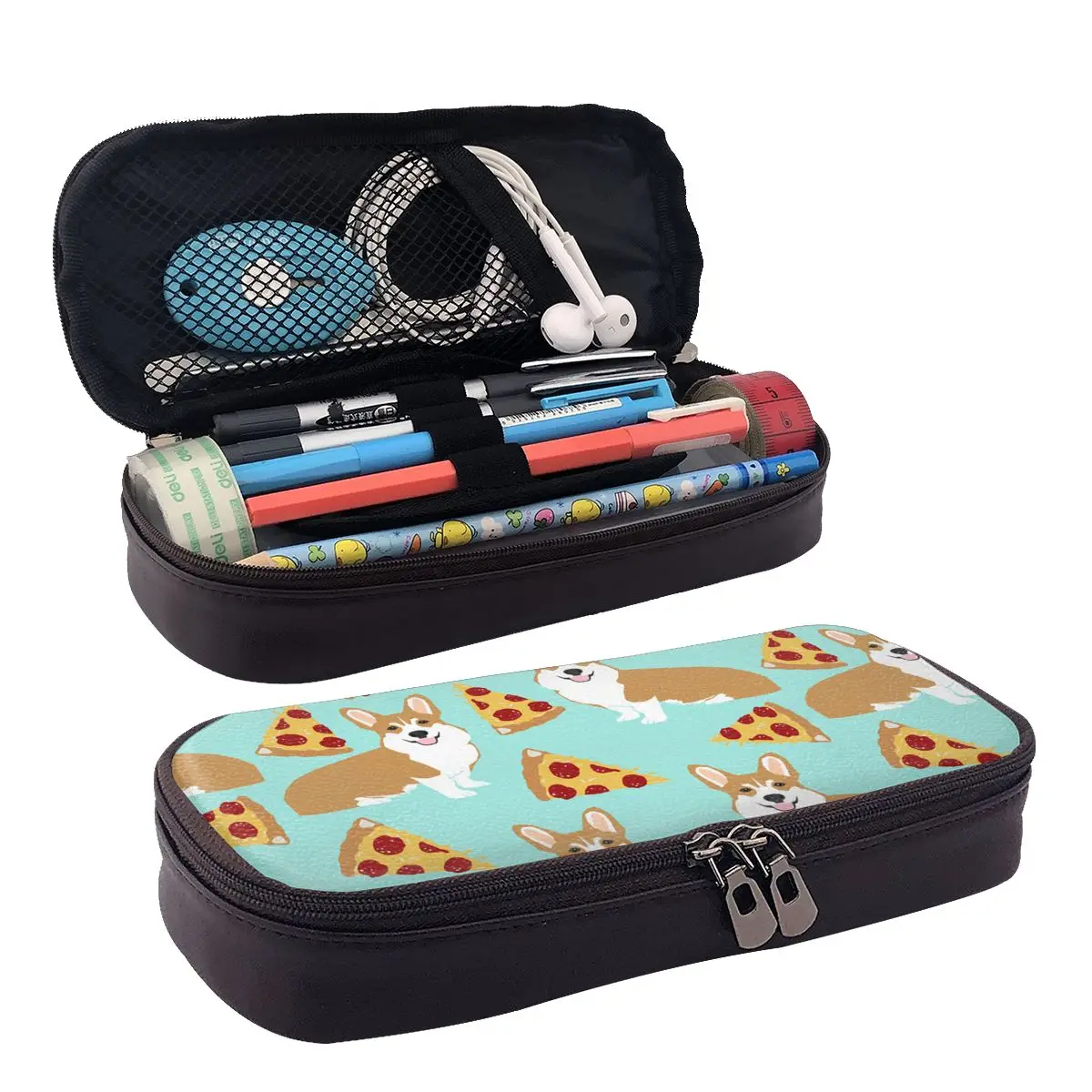

Corgi Pizza Blue Leather Pencil Case Zipper Pencil Box Stationery Pen Pouch for Boys Girls School Students Work Office