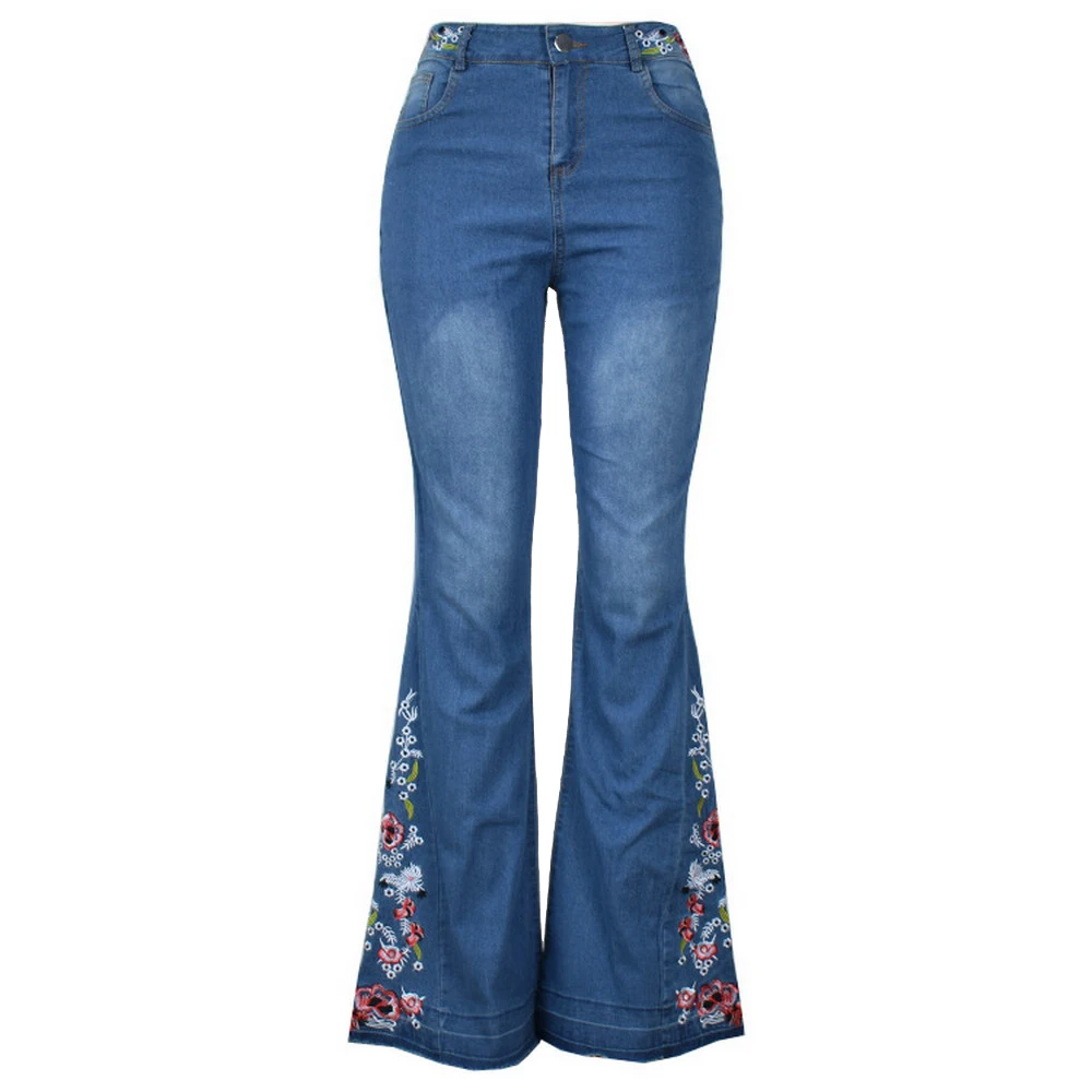 

Blue Women's 70s Vintage Stretchy High-Rise Floral Embroidery Skinny Bell Bottom Bootcut Jeans Flared Jean